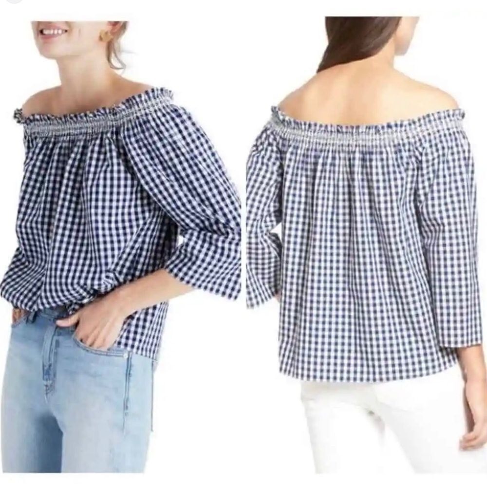 SALE Madewell Smocked Gingham White And Blue Off‎ The Shoulder Top Size Small